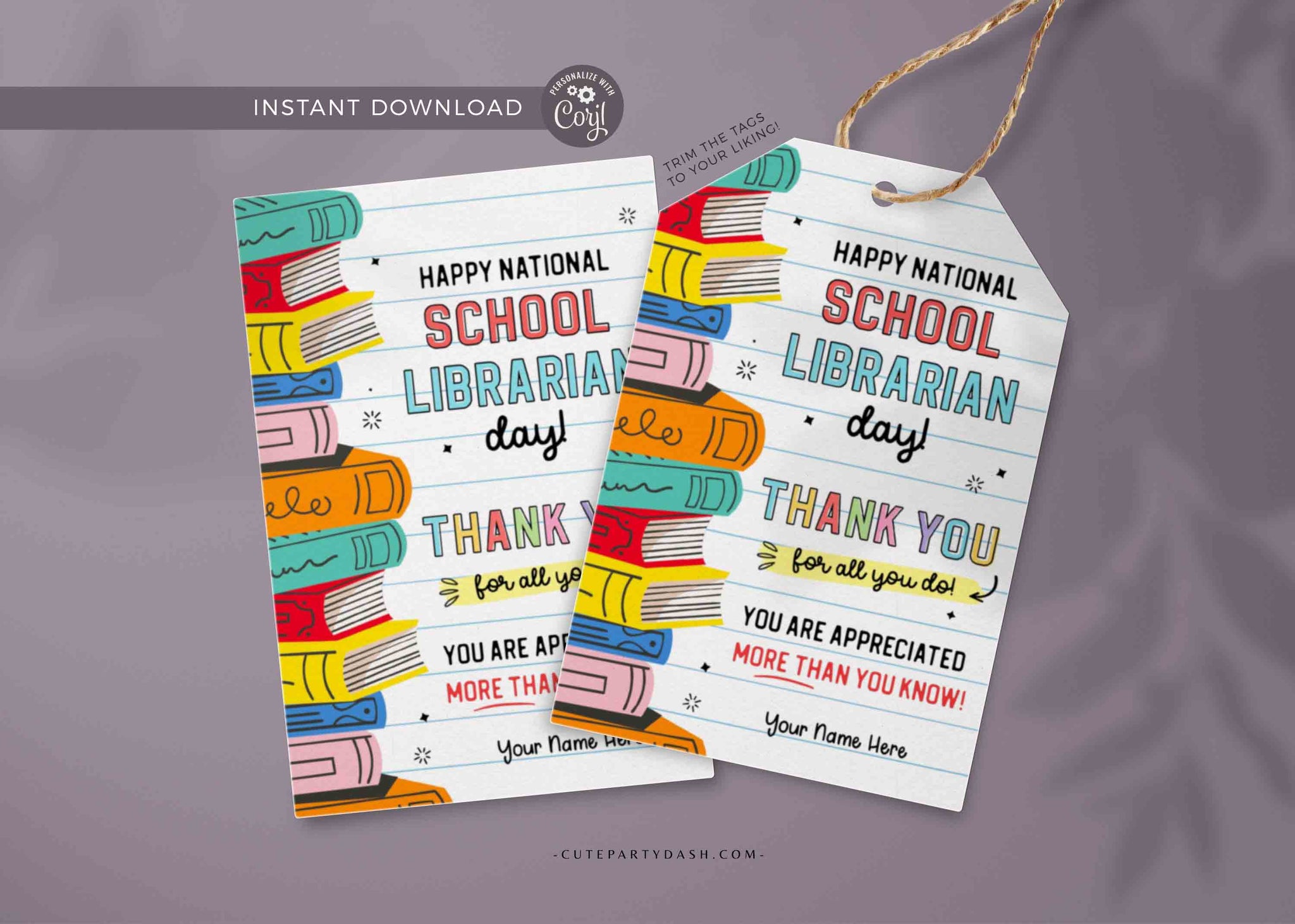 School Librarian Appreciation Gift Tag Printable Editable School Library Day Books Gift Tag Template Thank You Tag INSTANT DOWNLOAD