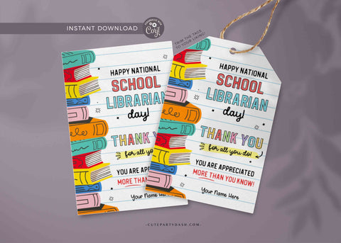 School Librarian Appreciation Gift Tag Printable Editable School Library Day Books Gift Tag Template Thank You Tag INSTANT DOWNLOAD