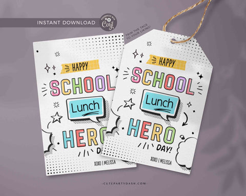 School Lunch Hero Day Appreciation Gift Tag Printable Lunch Hero Editable Thank You Tag Superhero Appreciation Card INSTANT DOWNLOAD