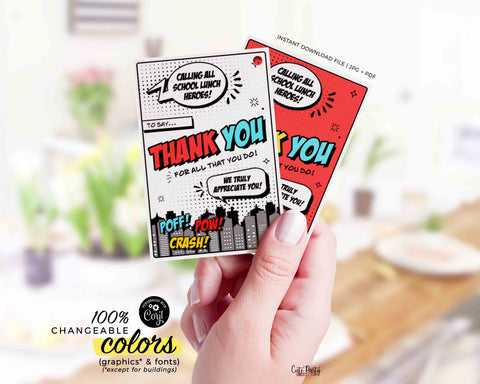 School Lunch Hero Day Appreciation Gift Tag Printable Lunch Hero Editable Thank You Tag Superhero Appreciation Card INSTANT DOWNLOAD