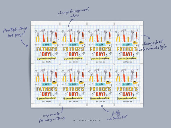 Happy Father's Day Gift Tag Printable Card Toolbox Editable Fathers Day gift from kids son daughter wife gift for dad INSTANT DOWNLOAD