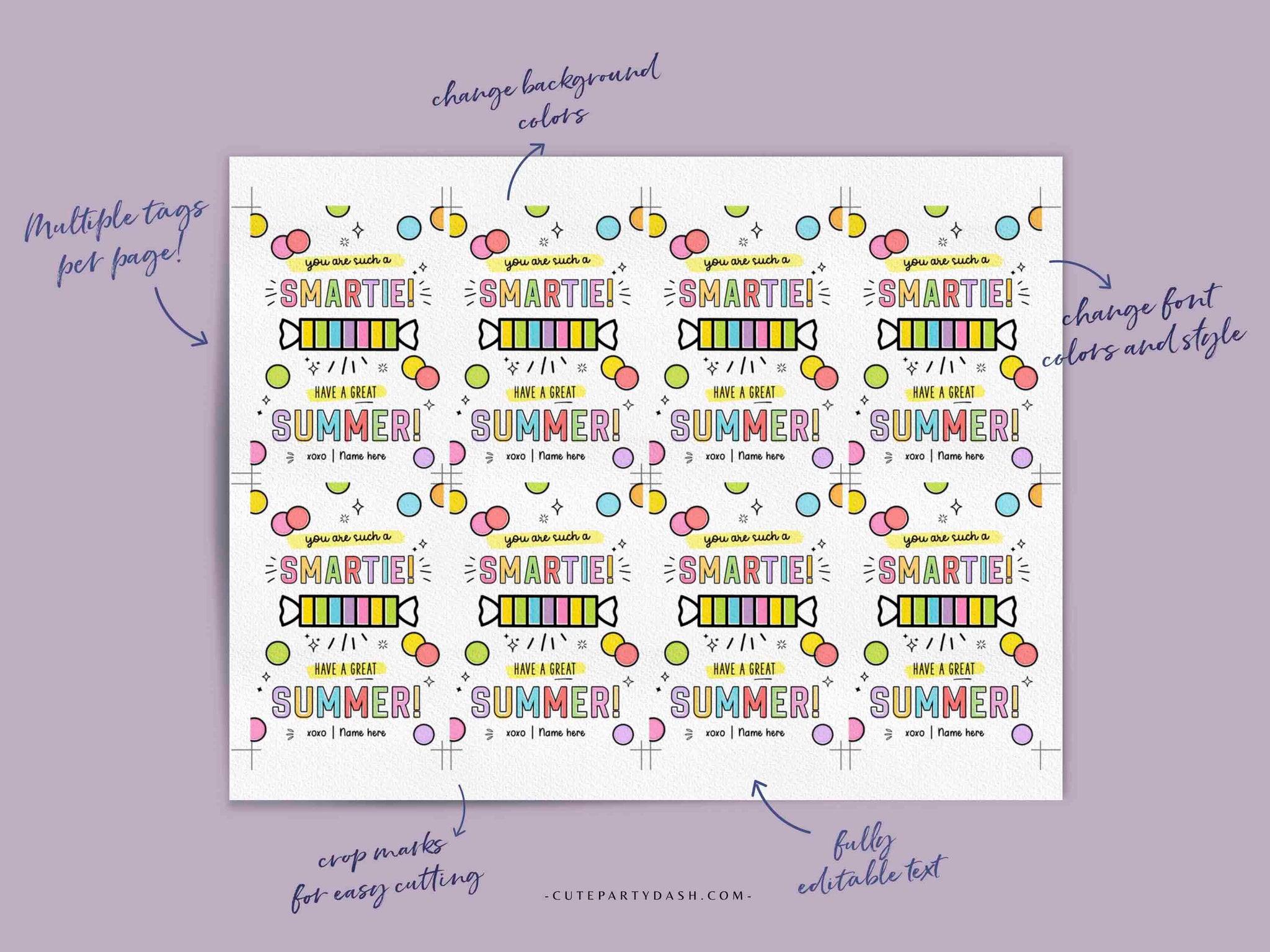 Printable Smarties Candy Roll Gift Tag Cute Party Dash