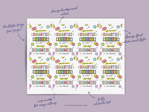 You're Such a Smartie Candy Tags Editable Have a Great Summer End of School Year Template Printable Summer Break Last day INSTANT DOWNLOAD