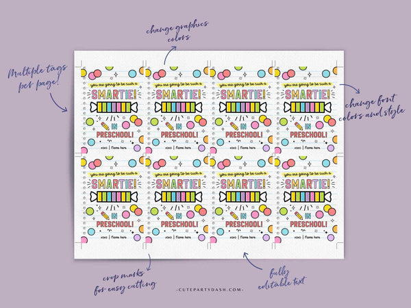 Printable First Day of School Candy Treat Tag Any Grade You're Going to be Such a Smartie Editable Back To School Candy Tag INSTANT DOWNLOAD