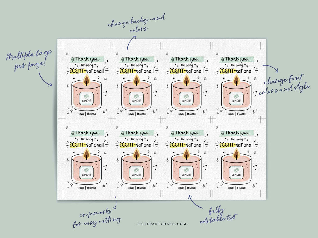 Editable Thank You For Being SCENT Sational Candle gift tags Cute