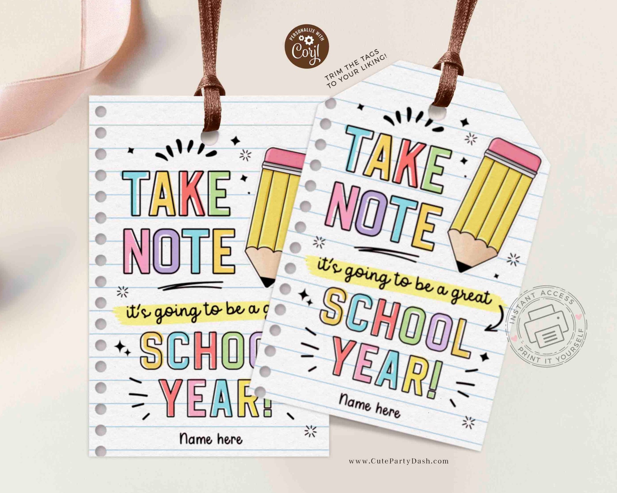 Editable Take Note First day of school gift tags – Cute Party Dash