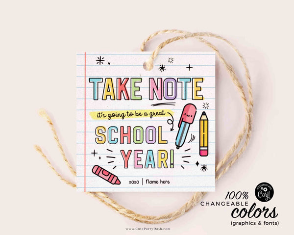 Back to School Gift Tags Take Note Editable Pen Marker Gift for Teacher Student Kid First Day School Notepad Gift from INSTANT DOWNLOAD