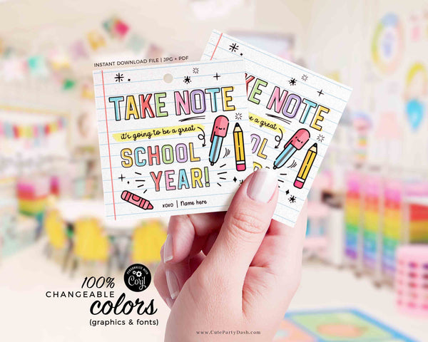 Back to School Gift Tags Take Note Editable Pen Marker Gift for Teacher Student Kid First Day School Notepad Gift from INSTANT DOWNLOAD