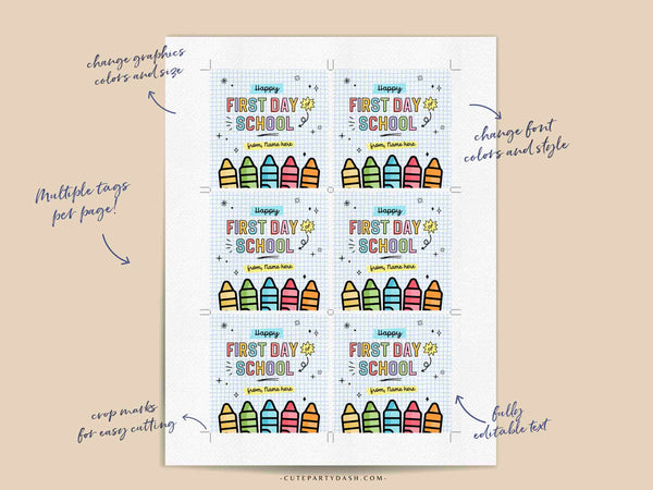Happy First Day of School tags INSTANT DOWNLOAD Back to School Gift Tag Editable Notepad Gift for Teacher Student Kid First Day Gift from