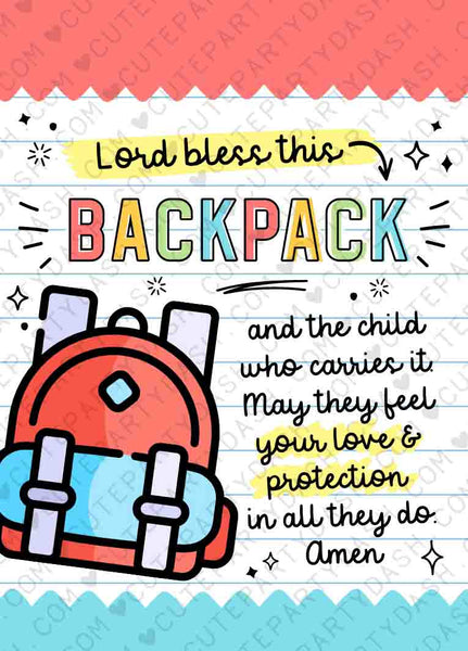 Sunday School Printable Backpack Prayer Tag INSTANT DOWNLOAD Lord bless this backpack Religious Tag Backpack Blessing cards church gift tag