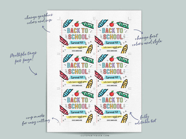 Back to School Survival Kit Gift Tag INSTANT DOWNLOAD Printable First Day of School Gift Tag template Editable Gift from Teacher Student Kids