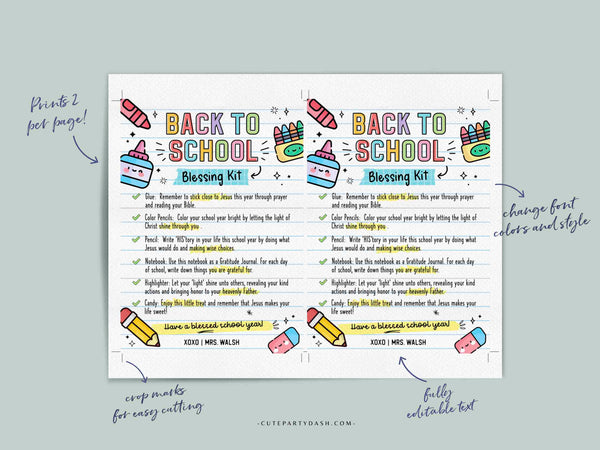 Back to School Blessing Kit INSTANT DOWNLOAD Survival Kit Card Printable First Day of School template Editable Gift Teacher Sunday School