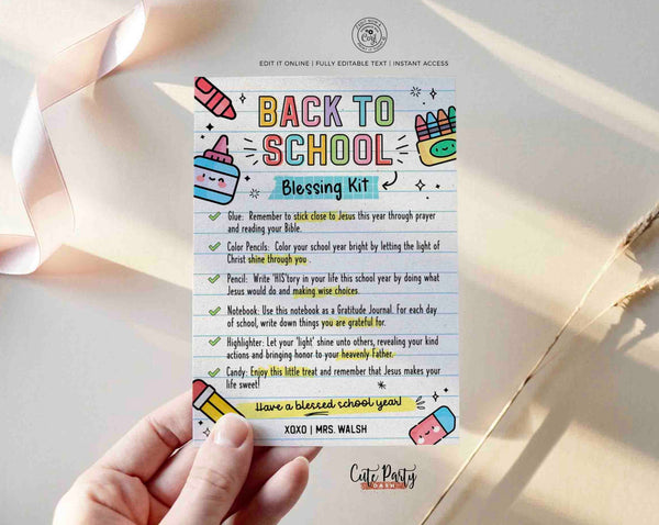 Back to School Blessing Kit INSTANT DOWNLOAD Survival Kit Card Printable First Day of School template Editable Gift Teacher Sunday School