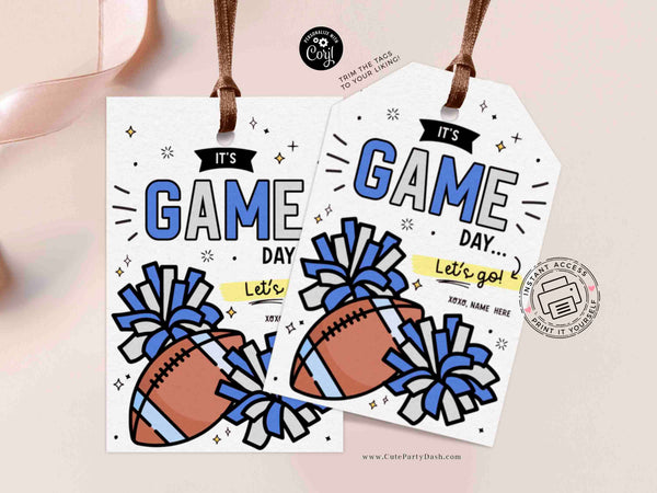 Football Game Day Gift Tag INSTANT DOWNLOAD Printable Football Good Luck Big Game Day Treat Blue and Silver Pom Pom Cheerleading Snack Bag