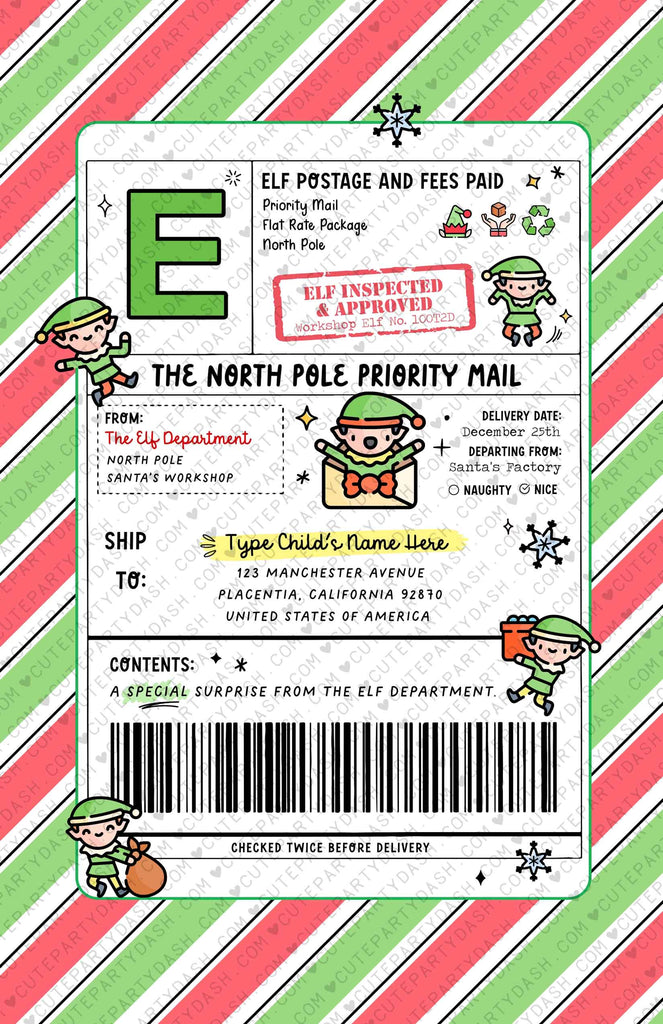 EDITABLE Elf North Pole Shipping Label Santa Mail Instant Download – Cute Party Dash editable-elf-north-pole-shipping-label-santa-mail-instant-download-cute-party-dash
