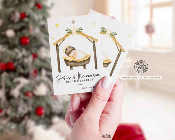 Christmas Nativity Tags printable INSTANT DOWNLOAD Editable JESUS is the reason for the Season Jesus Birthday Christian Tag Church Gift for