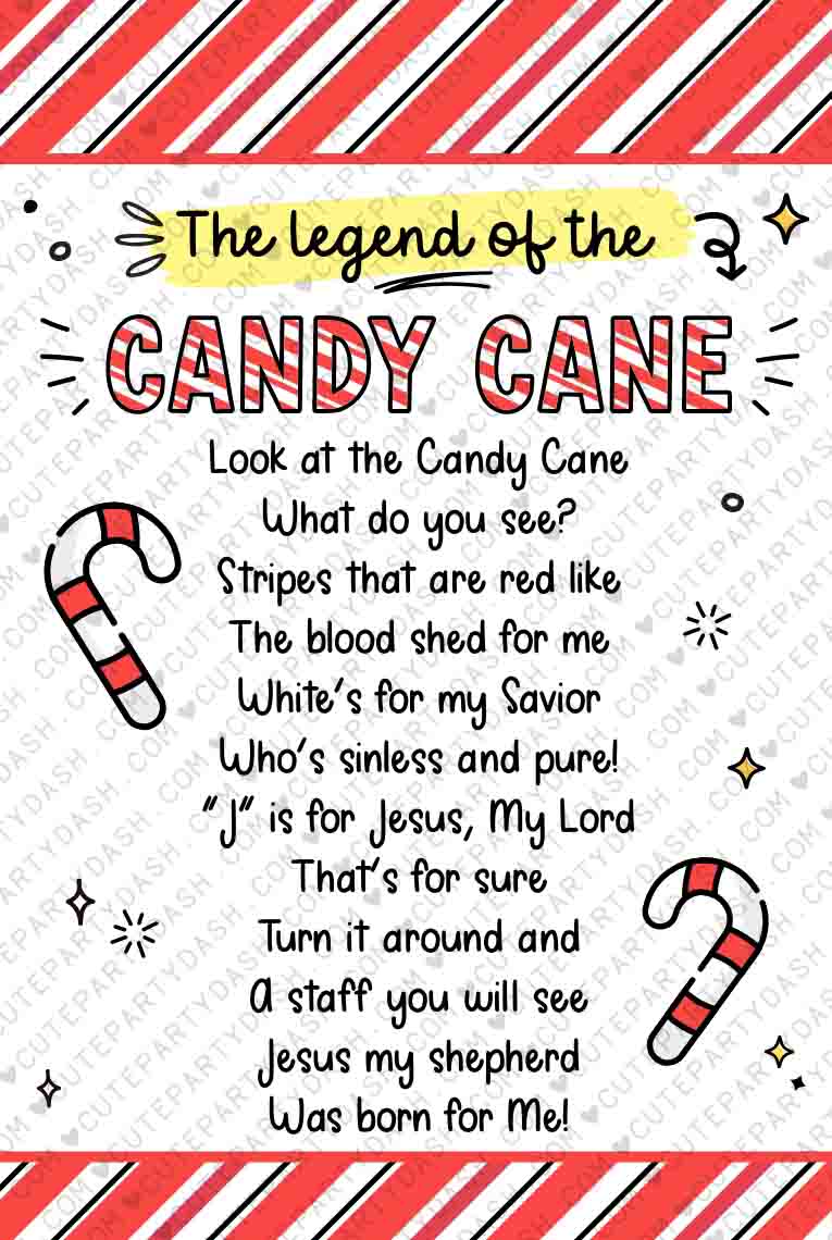 Legend of the Candy Cane Printable Tag INSTANT DOWNLOAD – Cute Party Dash for Free Printable Candy Cane Story