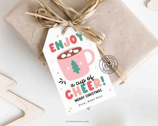 Enjoy a Cup of Cheer Christmas Gift Tag Printable INSTANT DOWNLOAD Editable Merry Christmas Happy Holidays Party Hot Chocolate Mug Favor Tag