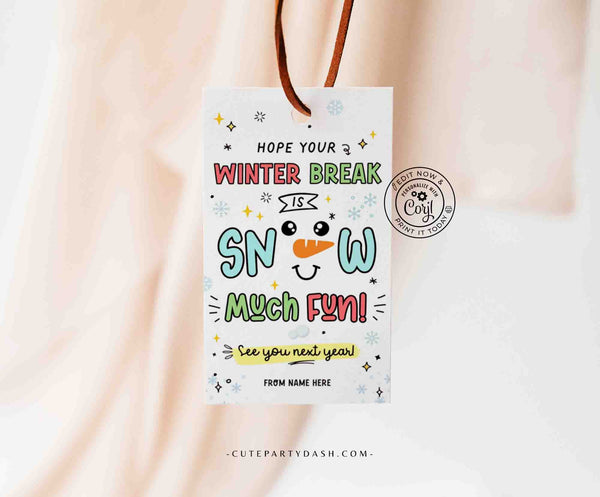 Editable School's Out Winter Break Christmas Gift Tag Printable INSTANT DOWNLOAD snow much fun Teacher Holiday Gift School Merry Christmas