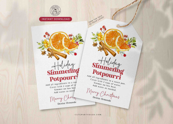Printable Holiday Simmering Stovetop Potpourri Tag INSTANT DOWNLOAD Teacher Gift Idea Editable Homemade Christmas Potpourri Instructions Tag