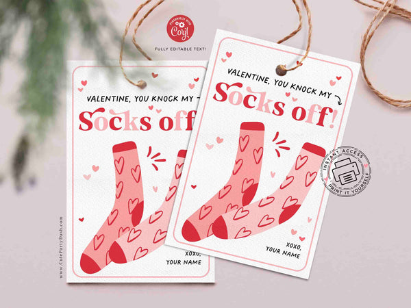 You Knock My Socks Off Classroom Valentine Kids Tag Printable INSTANT DOWNLOAD Happy Valentine's Day EDITABLE Non-Candy Preschool Classroom