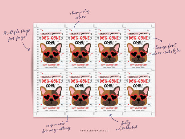 Printable Dog Valentine's Day Cards Printable INSTANT DOWNLOAD Classroom Valentine Kids School Tag Happy Valentine's Day EDITABLE Puppy