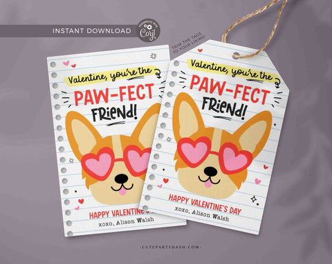 Printable Dog Valentine's Day Card Printable INSTANT DOWNLOAD Classroom Valentine Kids School Tag Happy Valentine's Day EDITABLE Puppy corgi