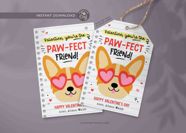 Printable Dog Valentine's Day Card Printable INSTANT DOWNLOAD Classroom Valentine Kids School Tag Happy Valentine's Day EDITABLE Puppy corgi