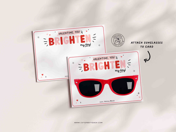 Heart Sunglasses Valentine's Day Card Holder INSTANT DOWNLOAD, EDITABLE Non-Candy You brighten my day Valentines gift tag, Kids Classroom