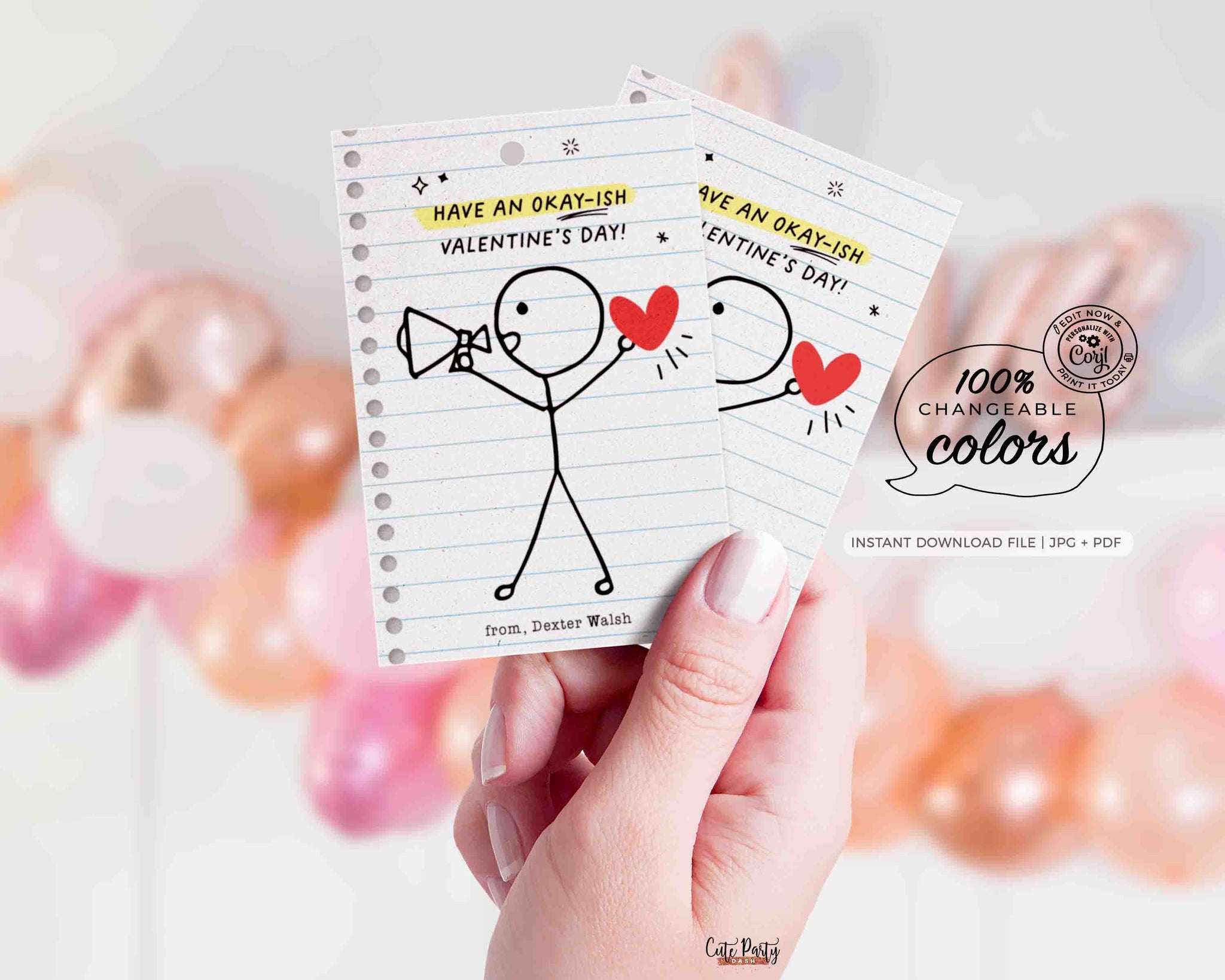 Funny Kids Valentine's Day Cards Printable INSTANT DOWNLOAD Classroom Kids School Tag Happy Valentine's EDITABLE Stick Figure Humor Card