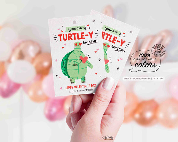 Valentine's Day Kids Classroom Punny Tags Printable INSTANT DOWNLOAD Happy Valentine's Day Pun Card EDITABLE Turtle Non-Candy School Teacher