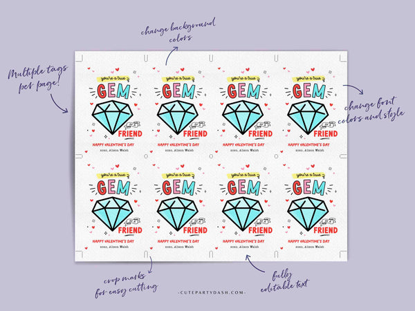 Valentine's Day Kids Classroom Ring Valentine Pop Gemstone Punny Tags Printable INSTANT DOWNLOAD Happy Valentine's Day Pun Card EDITABLE Gem