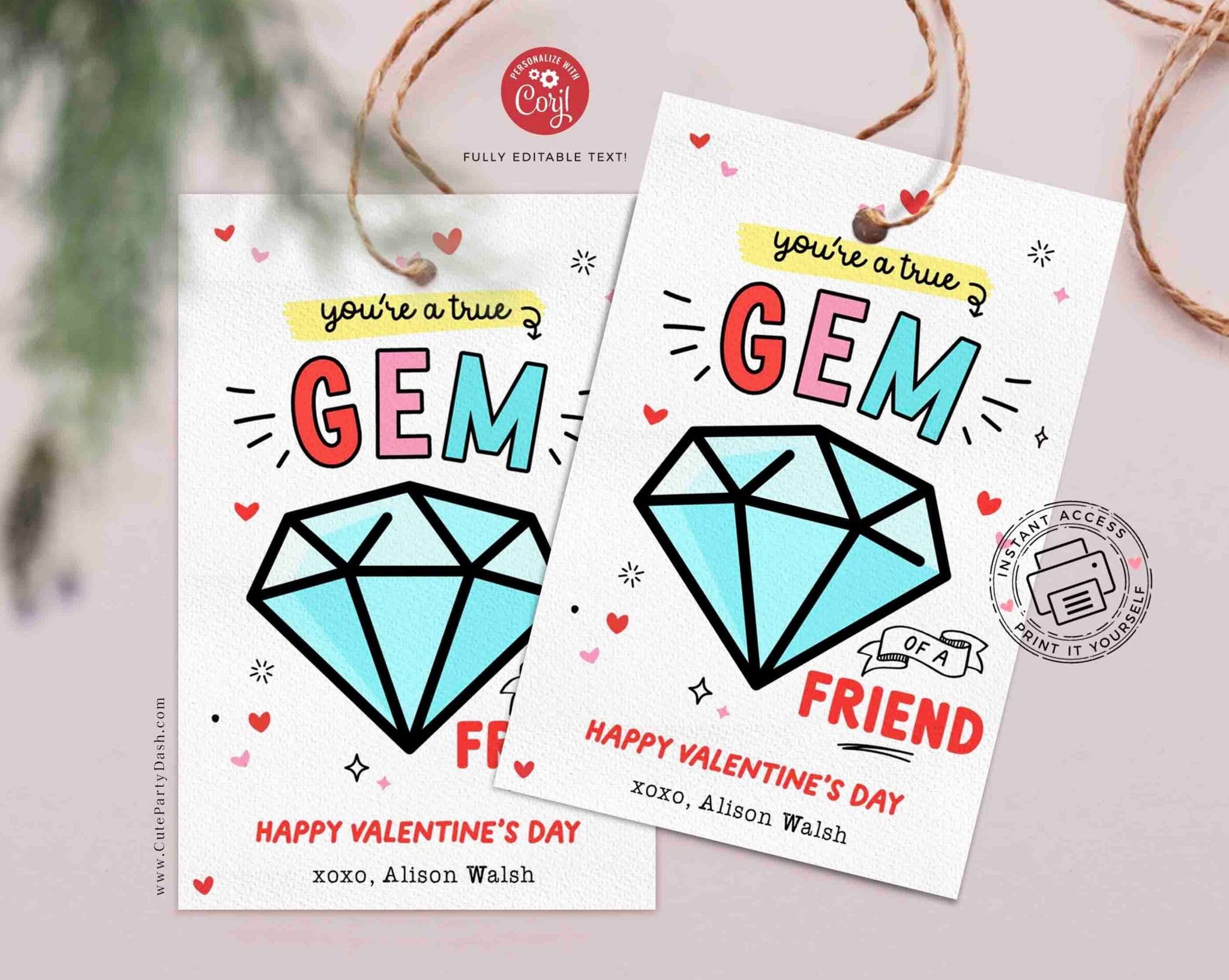 Valentine's Day Kids Classroom Ring Valentine Pop Gemstone Punny Tags Printable INSTANT DOWNLOAD Happy Valentine's Day Pun Card EDITABLE Gem