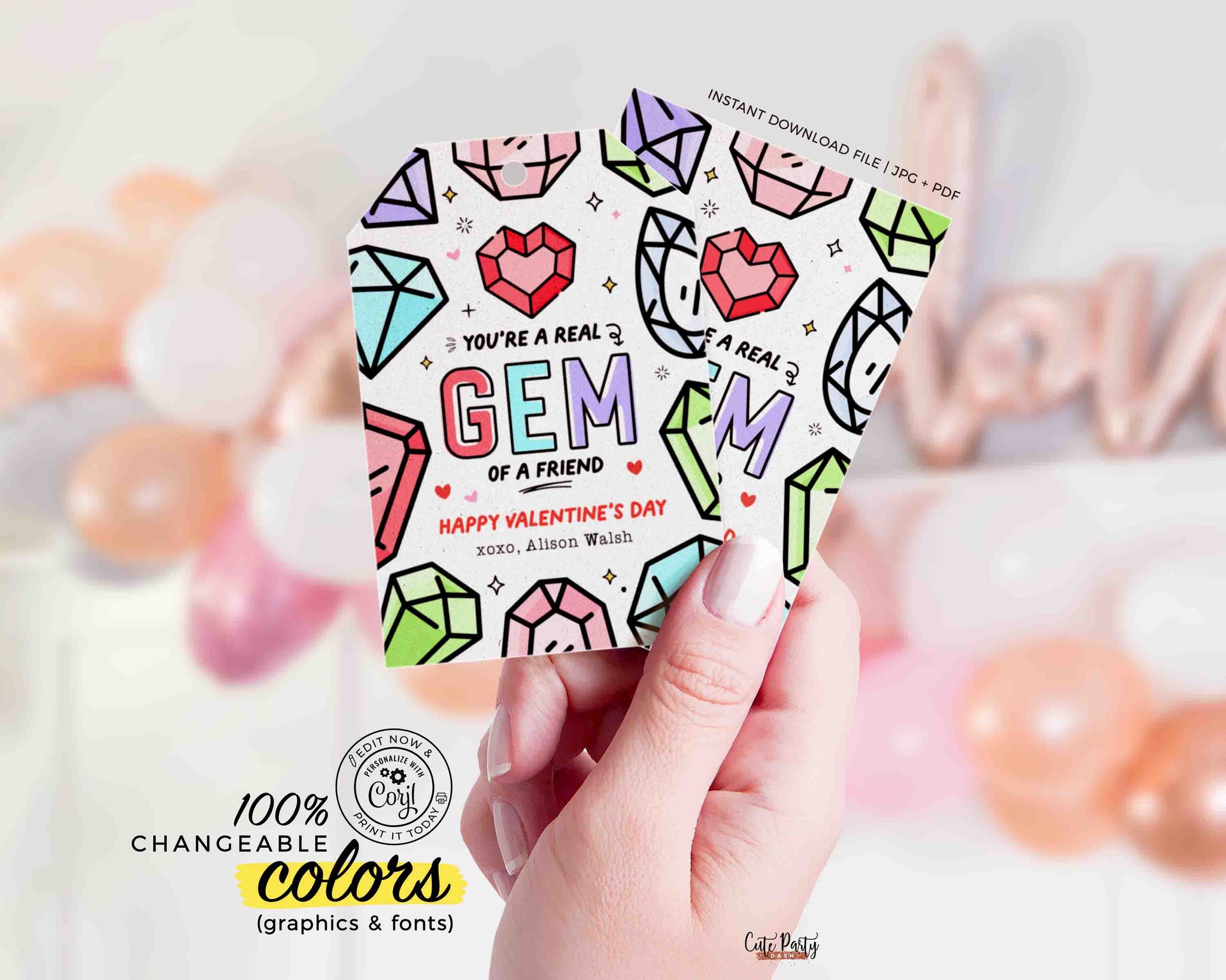 Valentine's Day Kids Classroom Ring Valentine Pop Gemstone Punny Tags Printable INSTANT DOWNLOAD Happy Valentine's Day Pun Card EDITABLE Gem