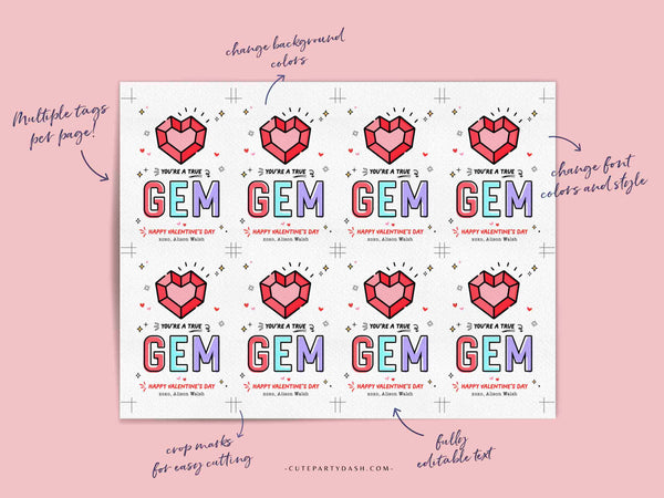 Valentine's Day Kids Classroom Ring Valentine Pop Gemstone Punny Tags Printable INSTANT DOWNLOAD Happy Valentine's Day Pun Card EDITABLE Gem