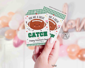 Football Valentine's Day Kids Classroom Tags Printable INSTANT DOWNLOAD You're a great CATCH Punny Editable Happy Valentines Day Pun Card