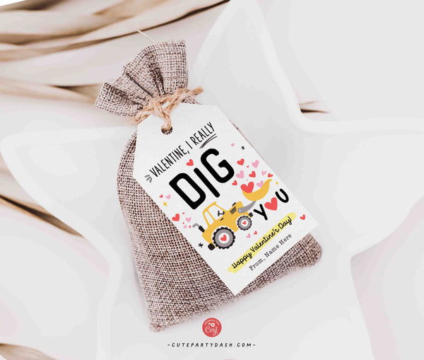I Dig You Valentine's Day Kids Classroom Tags Printable INSTANT DOWNLOAD Happy Valentine's Day Pun Card EDITABLE Excavator Valentine Card