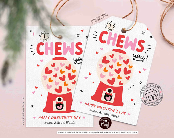 I Chews You Valentine's Day Gift Tag Printable INSTANT DOWNLOAD Kids Classroom Bubble Gum Valentines Tag Valentine's Day Gift Label Sticker