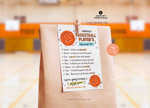 Basketball Survival Kit Tag Printable INSTANT DOWNLOAD Editable Basketball Team Survival Kit Card Good Luck School Sports Player Gift Treat