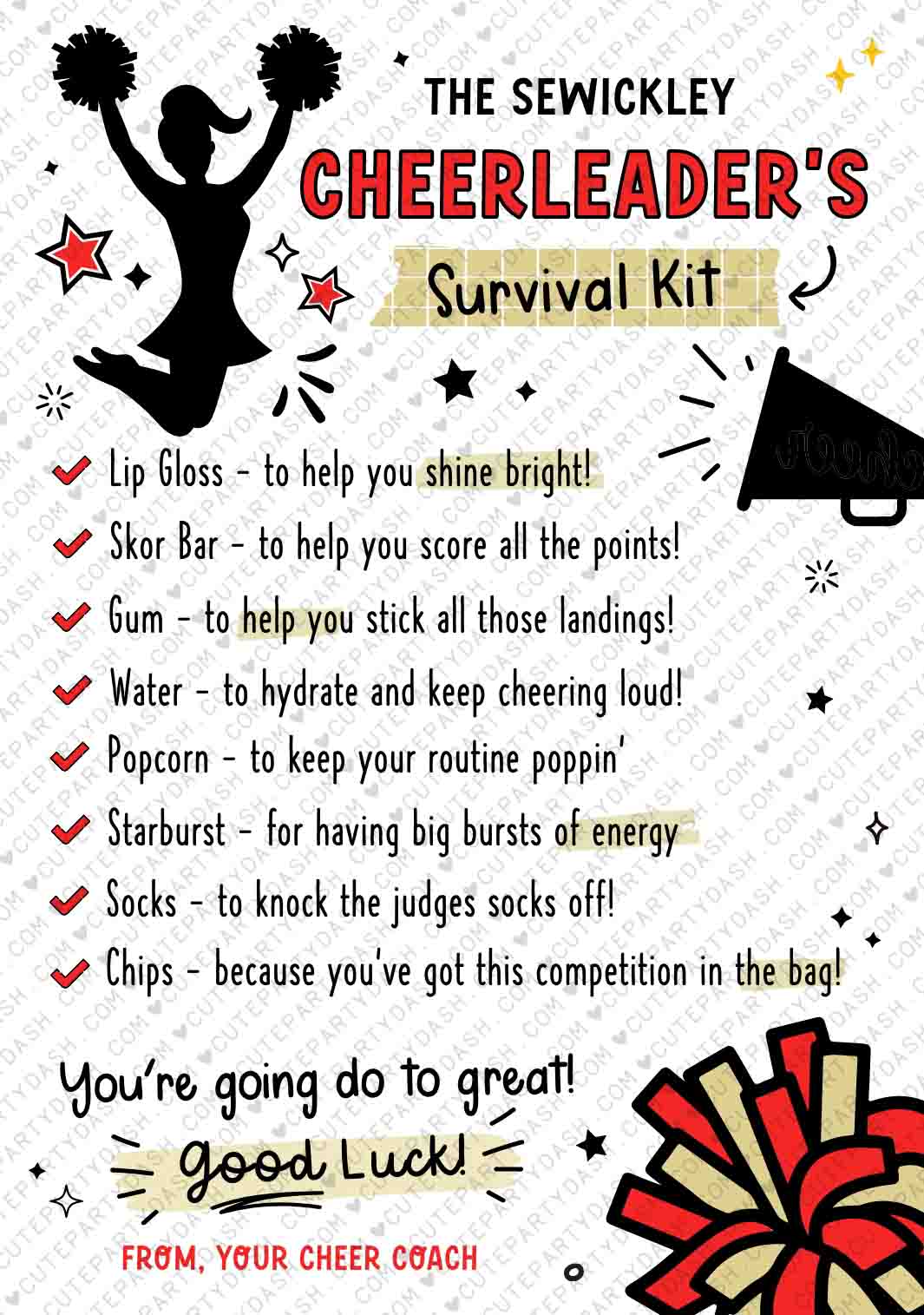 Cheerleader Survival Kit Tag/Card Printable INSTANT DOWNLOAD – Cute Party Dash cheerleader-survival-kit-tag-card-printable-instant-download-cute-party-dash