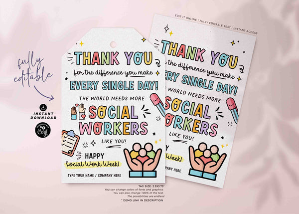 Social Worker's Month Gift Tags Printable INSTANT DOWNLOAD Editable School Social Work Appreciation Day Gift Survival Kit Card Thank You tag