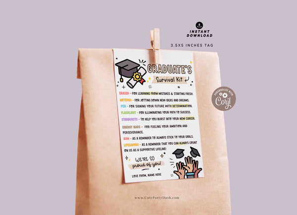 Graduate's Survival Kit Gift Tags Printable INSTANT DOWNLOAD Editable Congrats Grad Tag Graduation Gift Ideas College Graduation funny Card