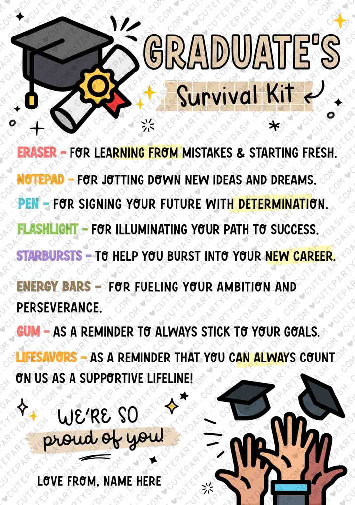 Graduate's Survival Kit Gift Tags INSTANT DOWNLOAD – Cute Party Dash for Graduation Gift Tags Free Printable