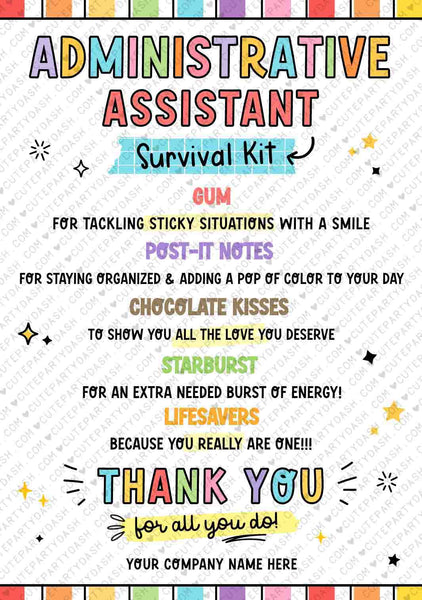 Administrative Assistant Survival Kit Tag Printable Instant Download Cute Party Dash 1428