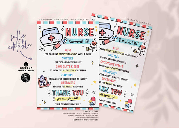 Nurse Survival Kit Gift Tag Printable INSTANT DOWNLOAD Editable Nurse Appreciation Week Gift for Medical Thank you Card Emergency Treat Pack