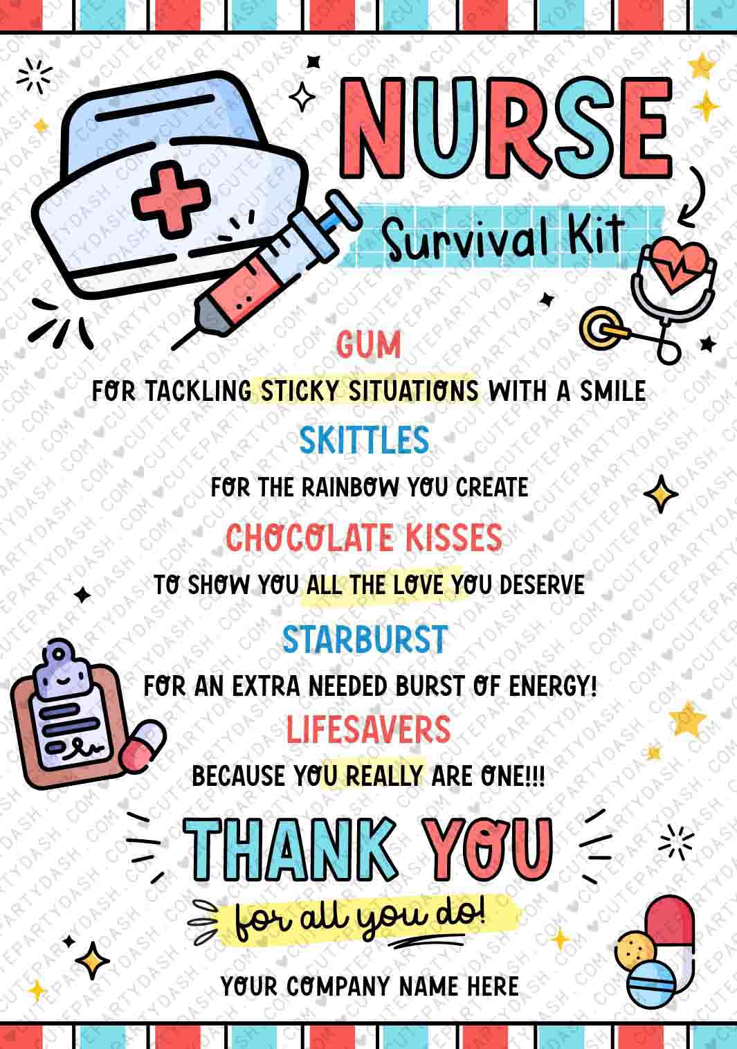 Nurse Survival Kit Gift Tag Printable INSTANT DOWNLOAD – Cute Party Dash