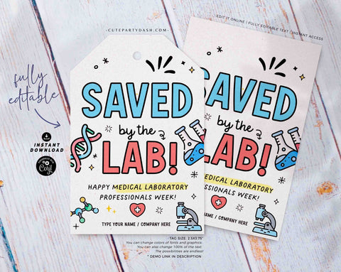 Saved by the Lab Gift Tags Printable INSTANT DOWNLOAD Editable Lab Week Appreciation Medical Laboratory Professionals Week Gift Thank You