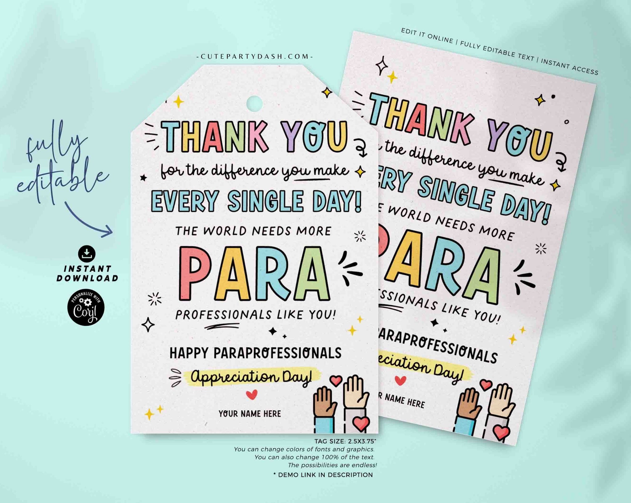 Paraprofessionals Day Gift Tags Printable INSTANT DOWNLOAD Editable Paraprofessional Appreciation Day Gift Survival Kit Card Thank You tag