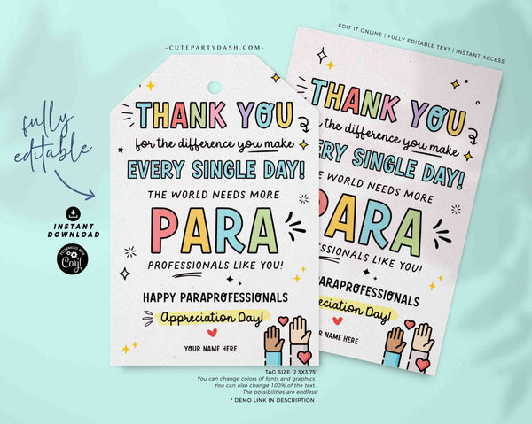 Paraprofessionals Day Gift Tags Printable INSTANT DOWNLOAD Editable Paraprofessional Appreciation Day Gift Survival Kit Card Thank You tag