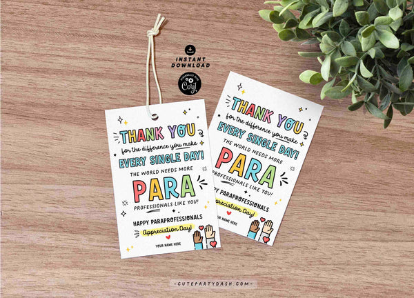 Paraprofessionals Day Gift Tags Printable INSTANT DOWNLOAD Editable Paraprofessional Appreciation Day Gift Survival Kit Card Thank You tag